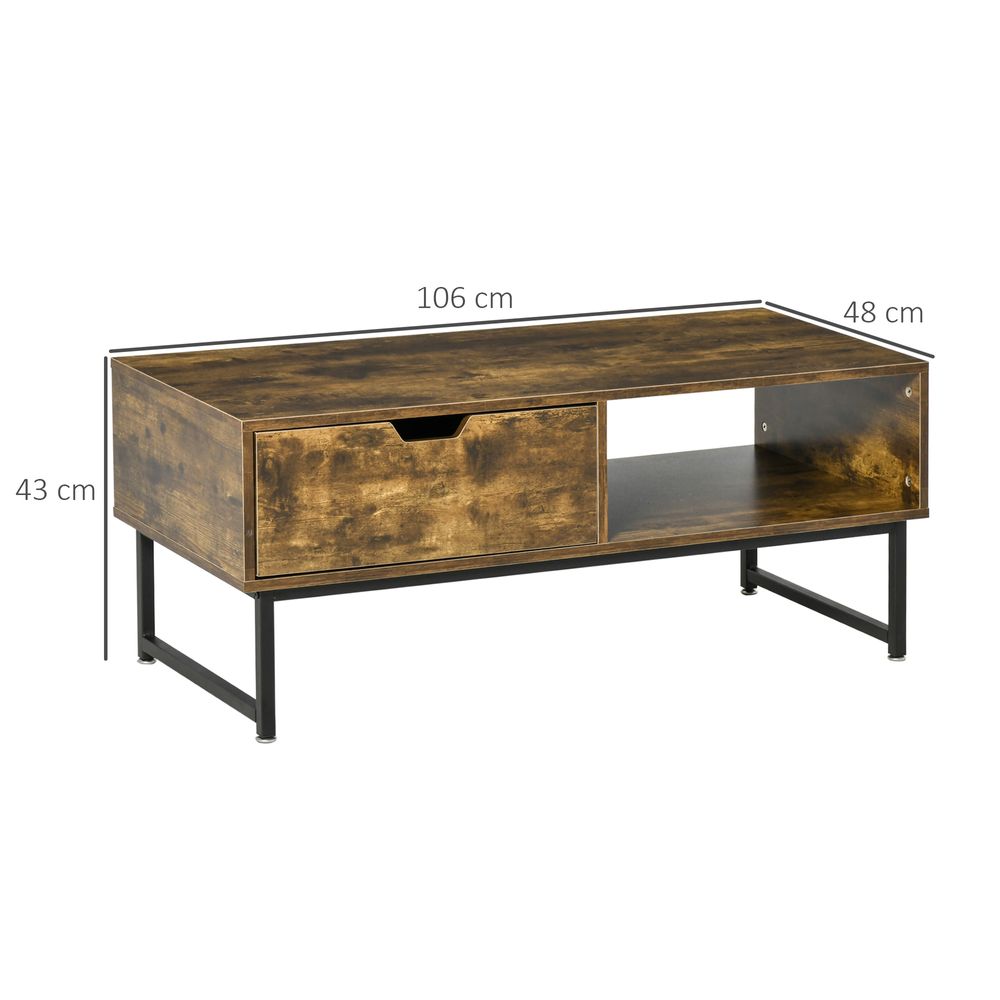 Coffee Table Wood Finish Metal Frame Sofa Table  Drawer & Shelf Brown