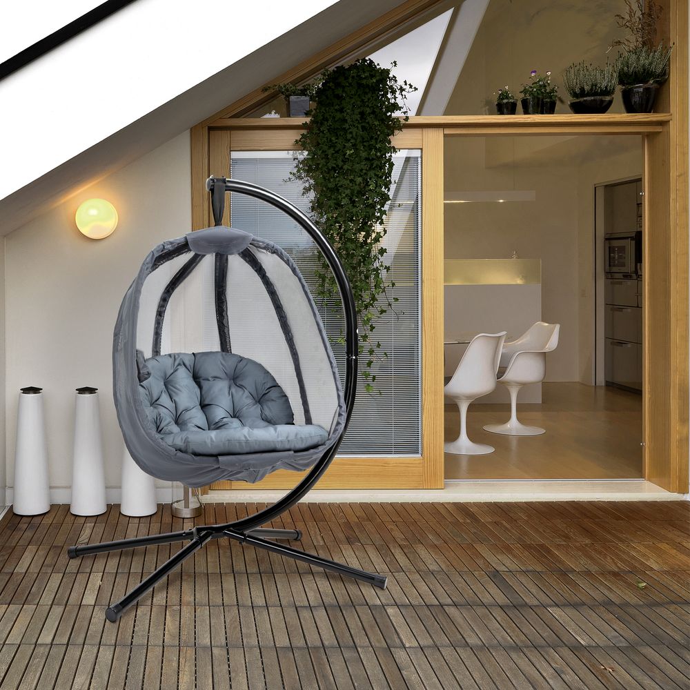 Folding Hanging Egg Chair w/ Cushion and Stand Grey - Patio Garden Furniture