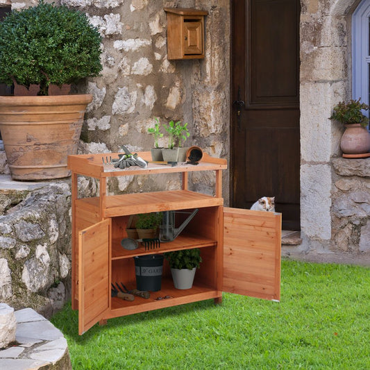 Multi-function Potting Bench Table w/ Storage Cabinet, Planting Workstation w/ Galvanized Table Top and Garden Shed, 98cm x 47cm x 105cm