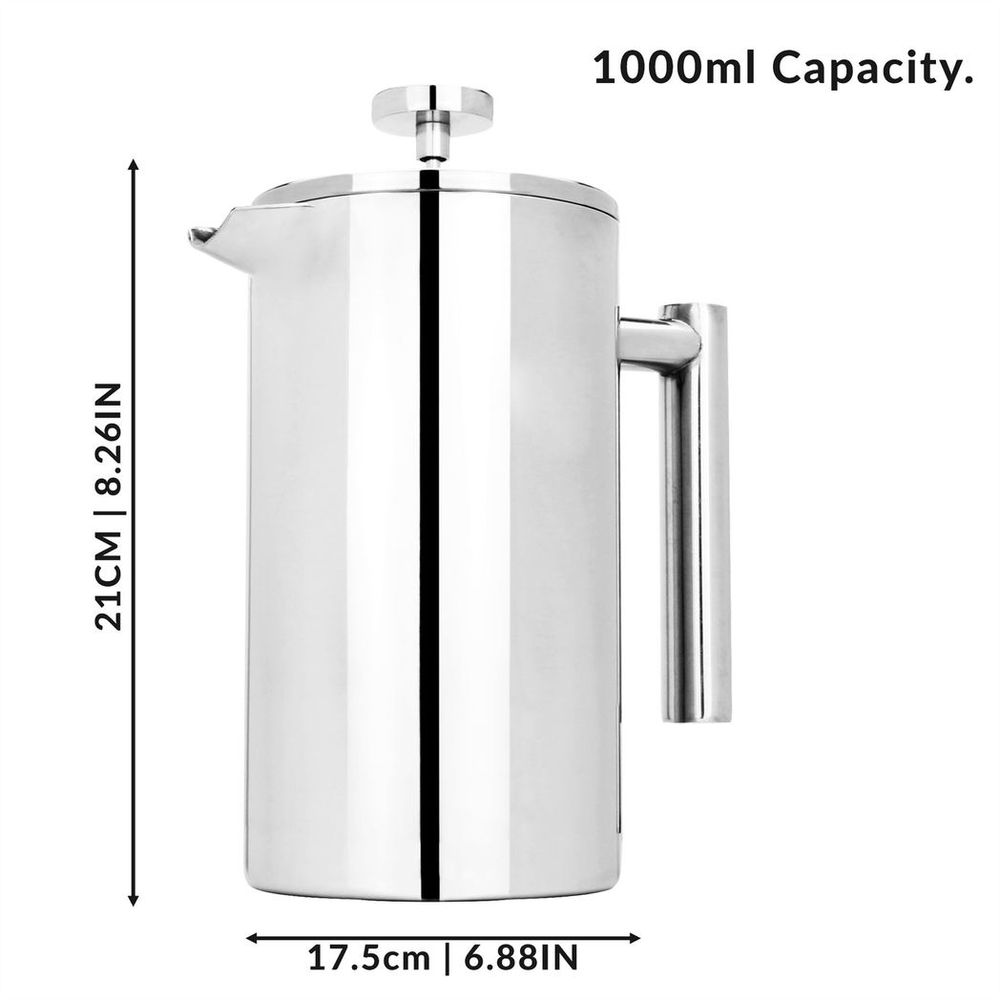 French Press Cafetiere Steel Coffee Maker FREE Filters & Spoons 1000ml | M&W