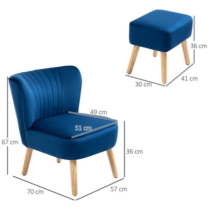 Velvet-Feel Accent Chair w/ Ottoman Tub Seat Padding Wood Legs Dark Blue