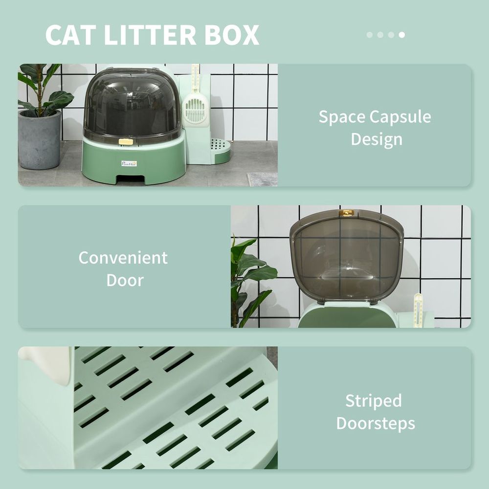 PawHut 2 In 1 Cat Litter Tray w/ Drawer Pans, Scoop, Openable Cover - Green