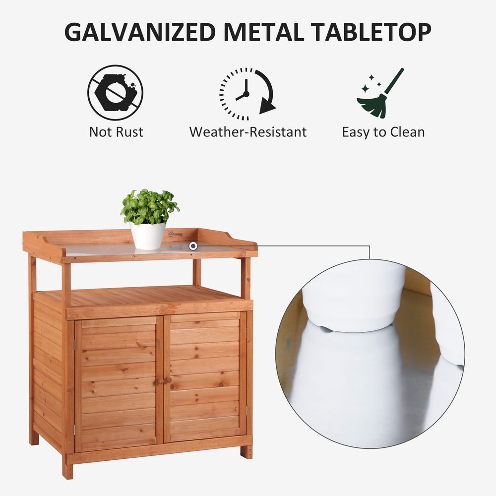 Multi-function Potting Bench Table w/ Storage Cabinet, Planting Workstation w/ Galvanized Table Top and Garden Shed, 98cm x 47cm x 105cm