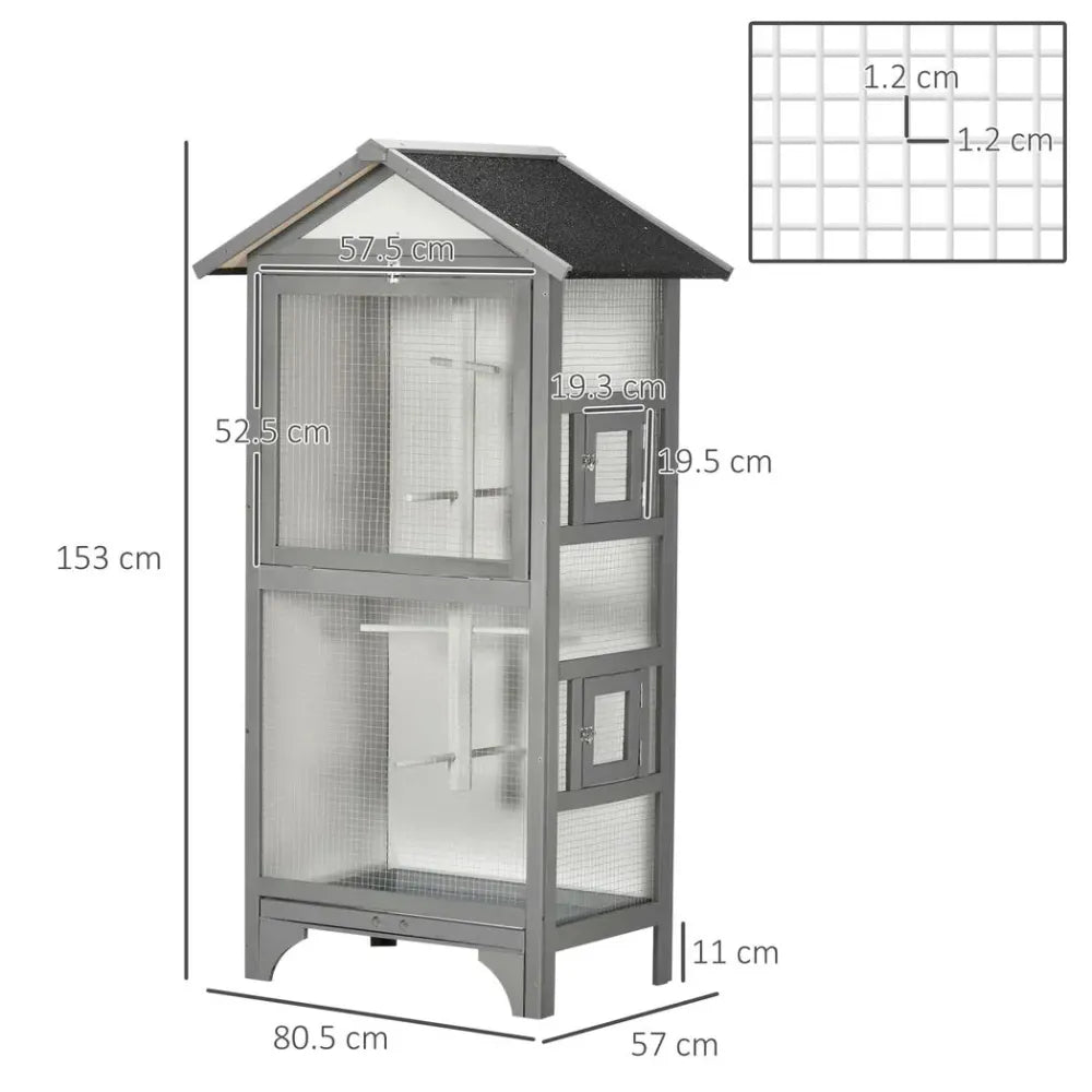 Wooden Bird Aviary for Finch, Canary w/ Removable Tray, Asphalt Roof - Grey