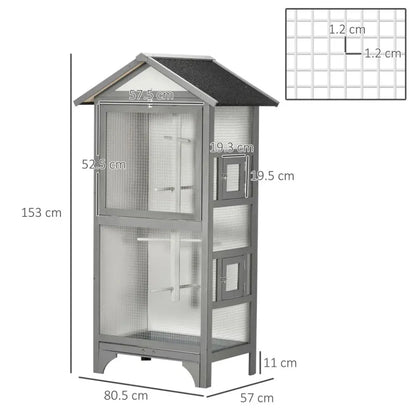 Wooden Bird Aviary for Finch, Canary w/ Removable Tray, Asphalt Roof - Grey