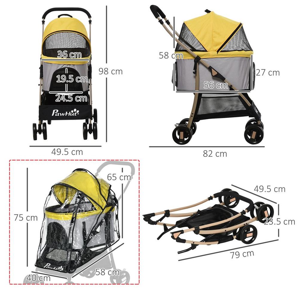 PawHut Detachable Pet Stroller with Rain Cover for Small and Tiny Dogs, Yellow