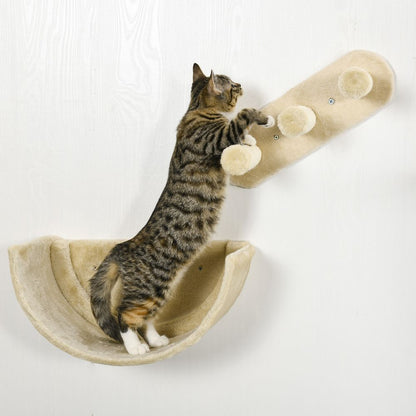 Wall-Mounted Cat Shelves w/ Hammock, Nest, Scratching Post - Beige Pawhut