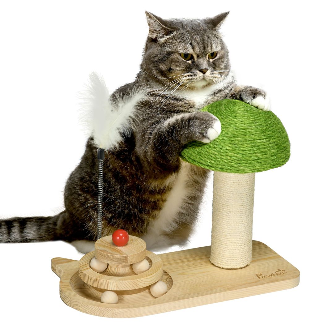 PawHut Mushroom-Shaped Cat-Scratching Post for Indoor Cats with Toy Balls