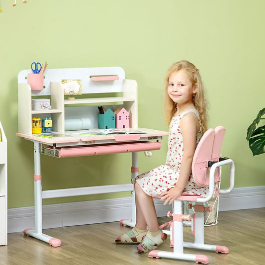 Kids Desk and Chair Set with Storage Shelves, Washable Cover - Pink