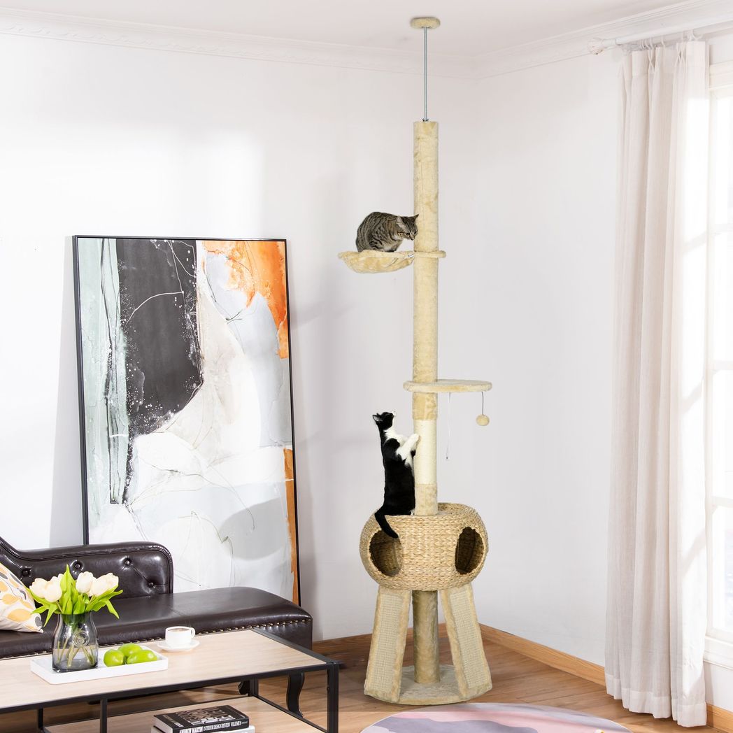 PawHut 255cm Cat Tree Tower with Scratching Post Cat House Ball Platform Beige