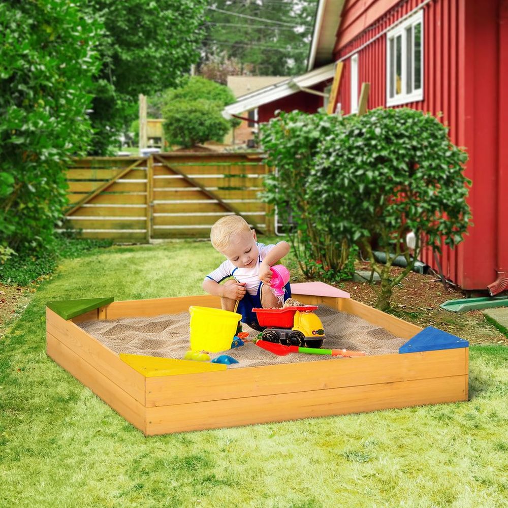 Outsunny Kids Wooden Sand Pit Sandbox w/ Seats, for Gardens, Playgrounds