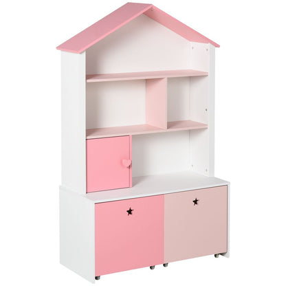 HOMCOM Kids Bookshelf Chest Drawer with Wheels Baby Toy Wood Organizer Pink