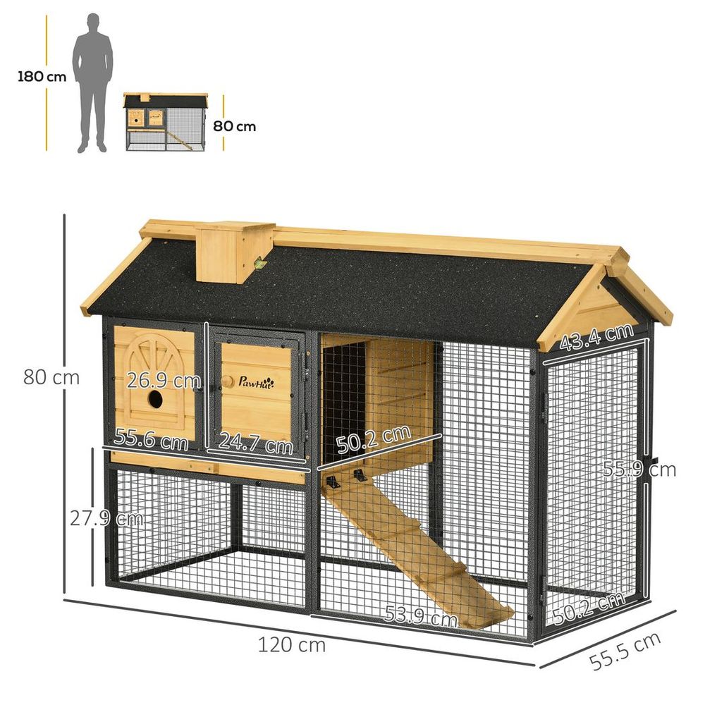 PawHut Rabbit Hutch Outdoor Bunny Cage w/ Run, Removable Tray 120 x 55.5 x 80cm