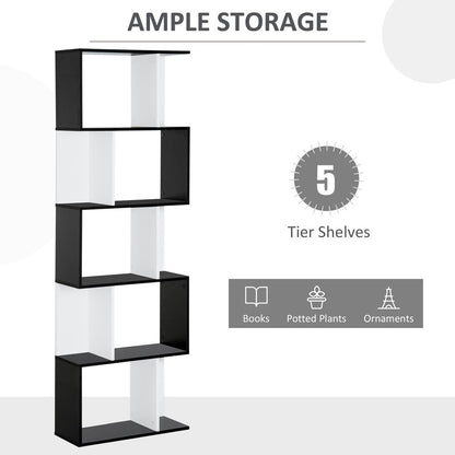 5-tier Bookcase Storage Display Shelving S Shape design Unit Divider Black