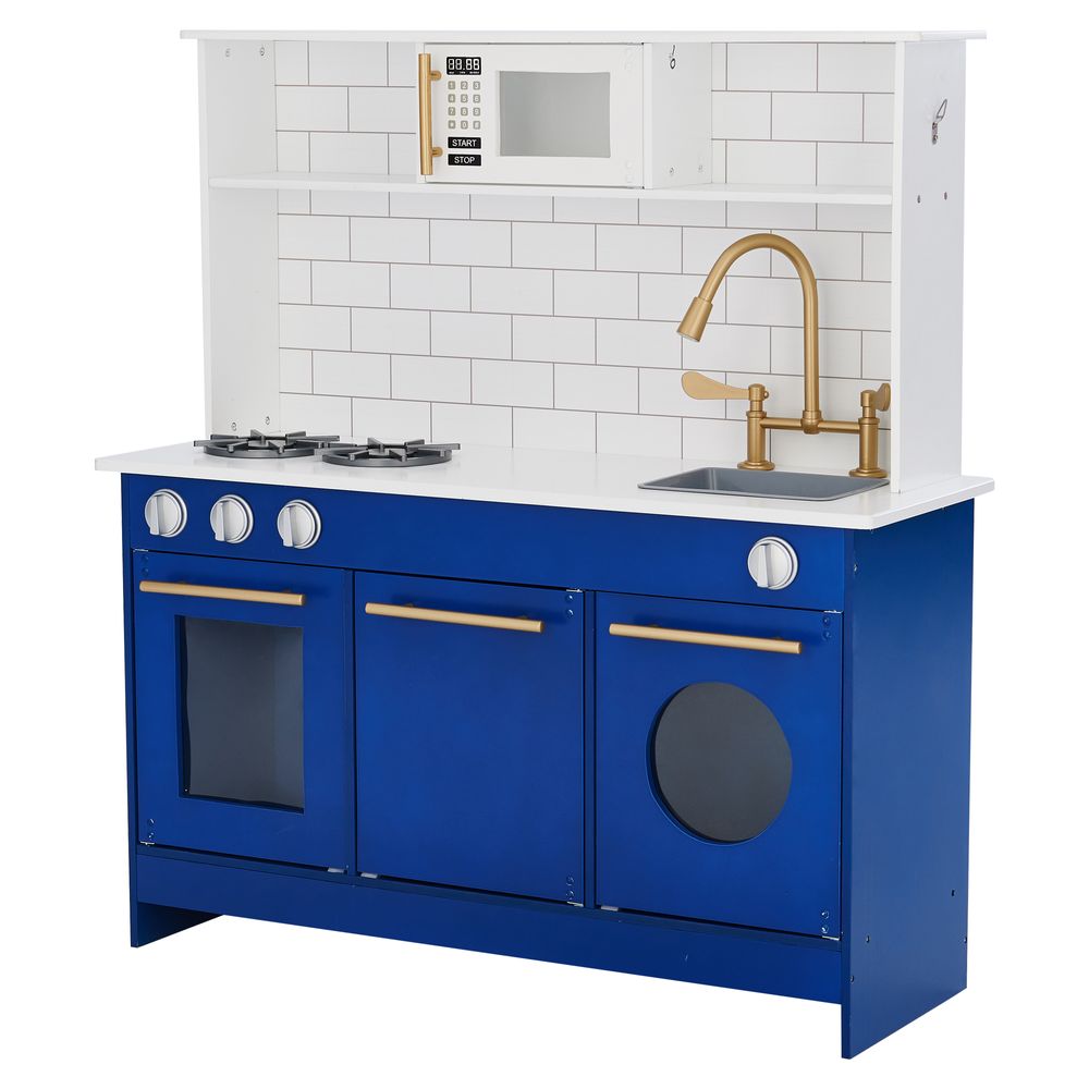 Blue Kids Toy Kitchen Wooden Cooker Children Imitation Play