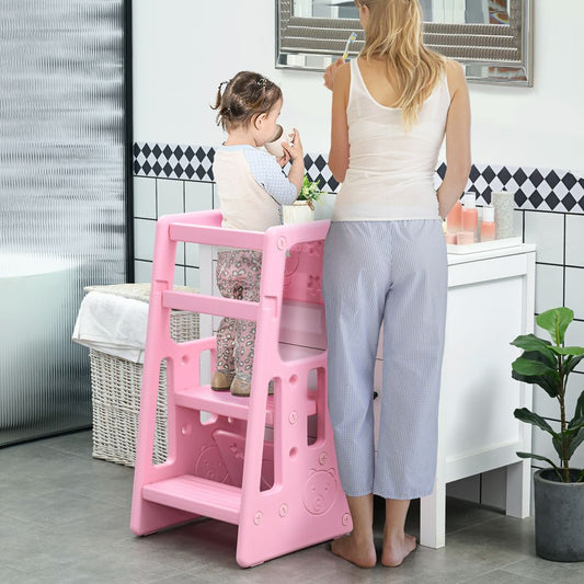 Kids Step Stool, Adjustable Standing Platform, Toddler Kitchen Stool - Pink