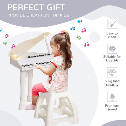 AIYAPLAY 32 Keys Kids Piano Keyboard with Stool, Lights, Microphone, White