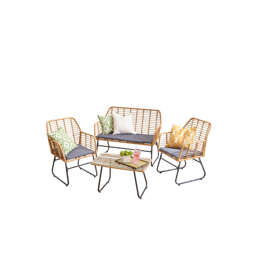 Neo Grey Bamboo Style Garden Sofa, Table & Chairs 4 Piece Set