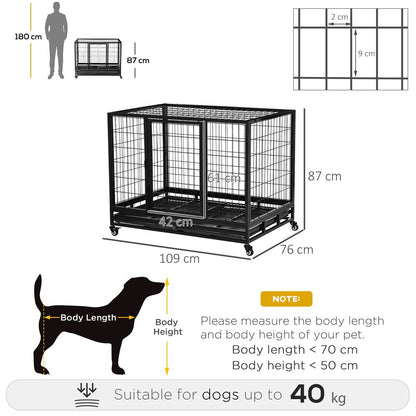 Metal Kennel Cage with Wheels and Crate Tray for Pet Dog Large Black Pawhut