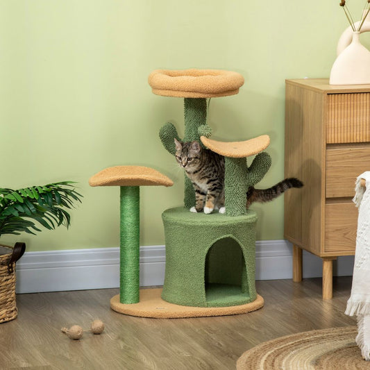 Multi-Lever Cat Tree with Scratching Post and Cat House Bed, Green Pawhut