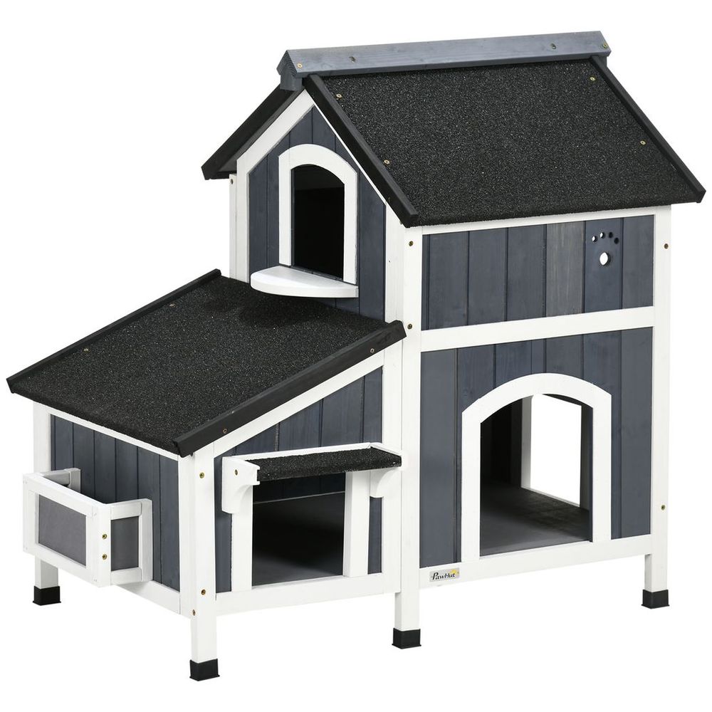 PawHut�Wooden�Cat�House�Outdoor w/ Flower Pot,�Window, Multiple�Entrances