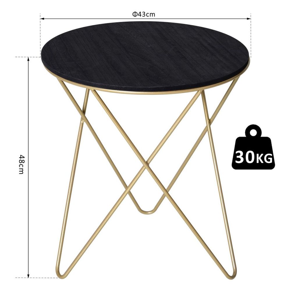 Round Coffee Table Sofa End Side Wood Metal Bedside Table  - Black Gold