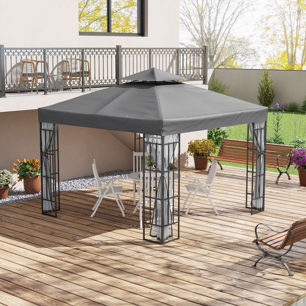 Outsunny 3 x 3(m) Patio Gazebo Canopy Garden Pavilion with 2 Tier Roof, Grey