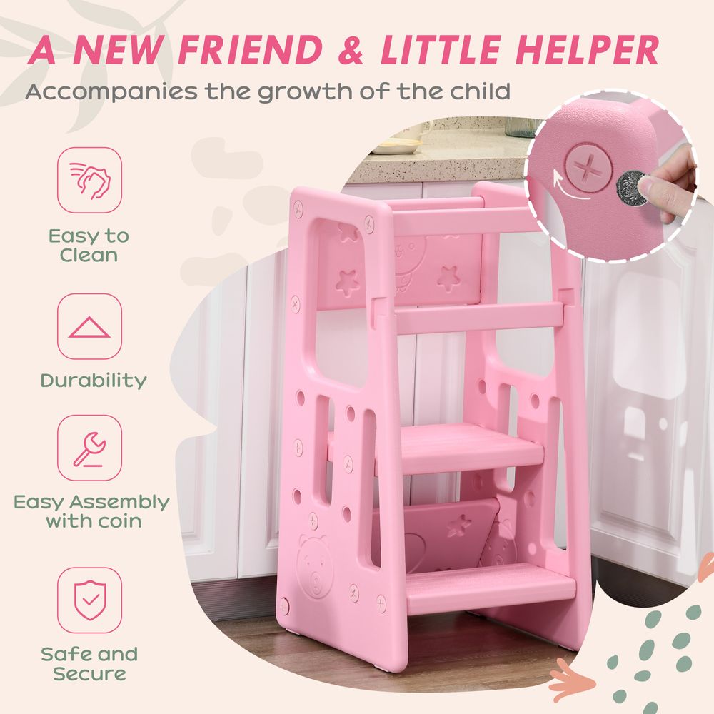 Kids Step Stool, Adjustable Standing Platform, Toddler Kitchen Stool - Pink