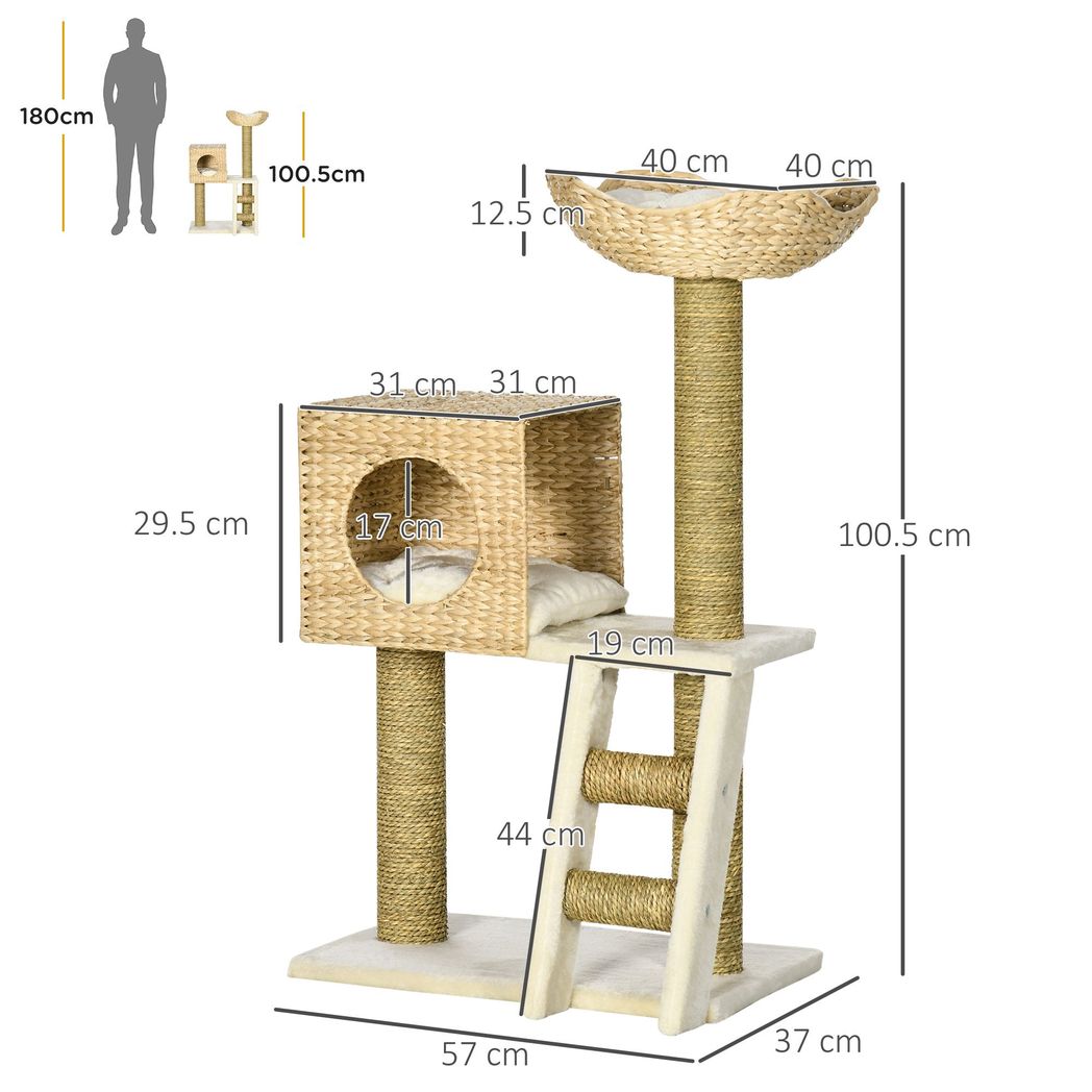 PawHut Cat Tree Kitten Tower Cattail Weave with Scratching Posts, Bed, House