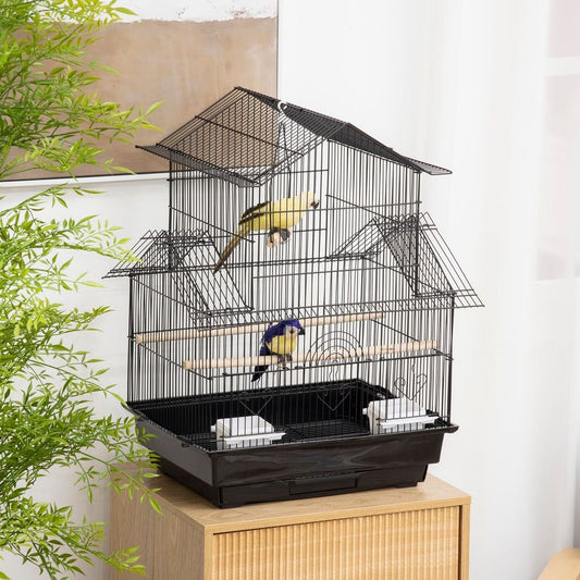 Metal Bird Cage w/ Plastic Perch Food Container Handle 50.5 x 40 x 63cm Black