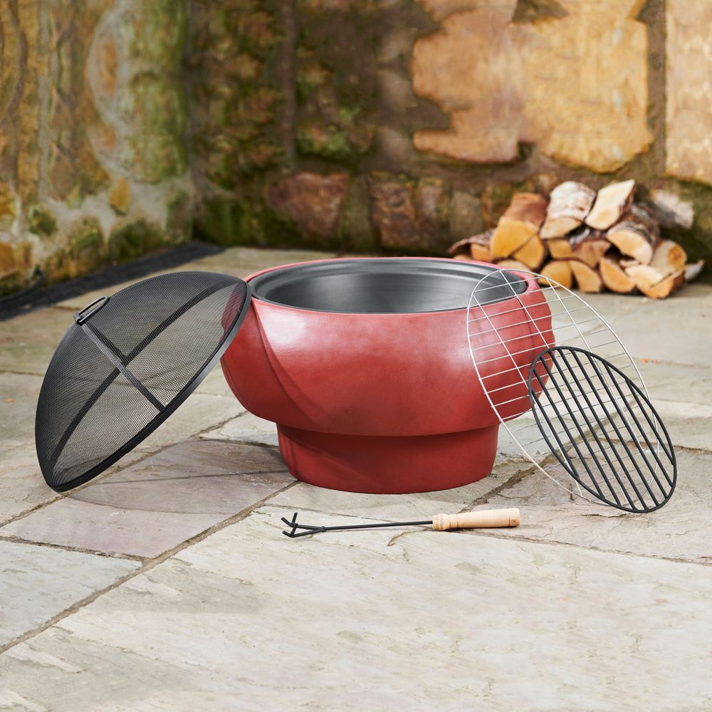 Garden Round Wood Burning Fire Pit, Outdoor Log Burner Firepit, Red