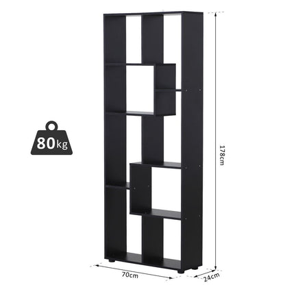 178cm 8-Shelf Bookcase w/ Melamine Surface Foot Pads Black Multipurpose 8-Grid