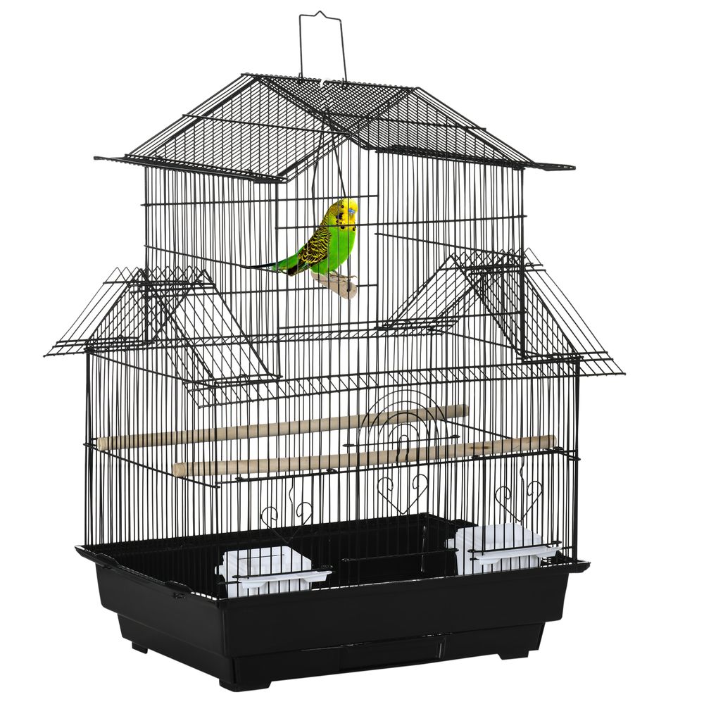 Metal Bird Cage w/ Plastic Perch Food Container Handle 50.5 x 40 x 63cm Black