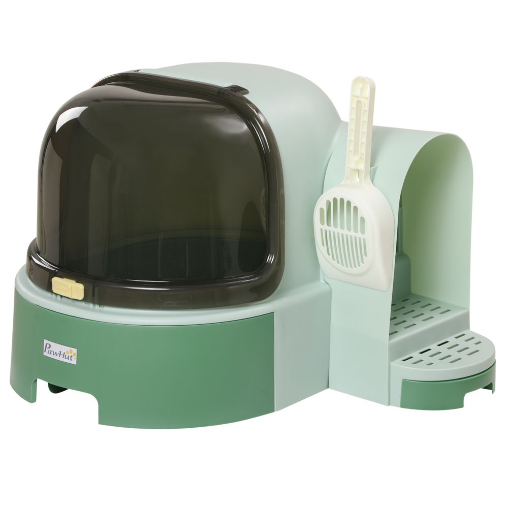 PawHut 2 In 1 Cat Litter Tray w/ Drawer Pans, Scoop, Openable Cover - Green