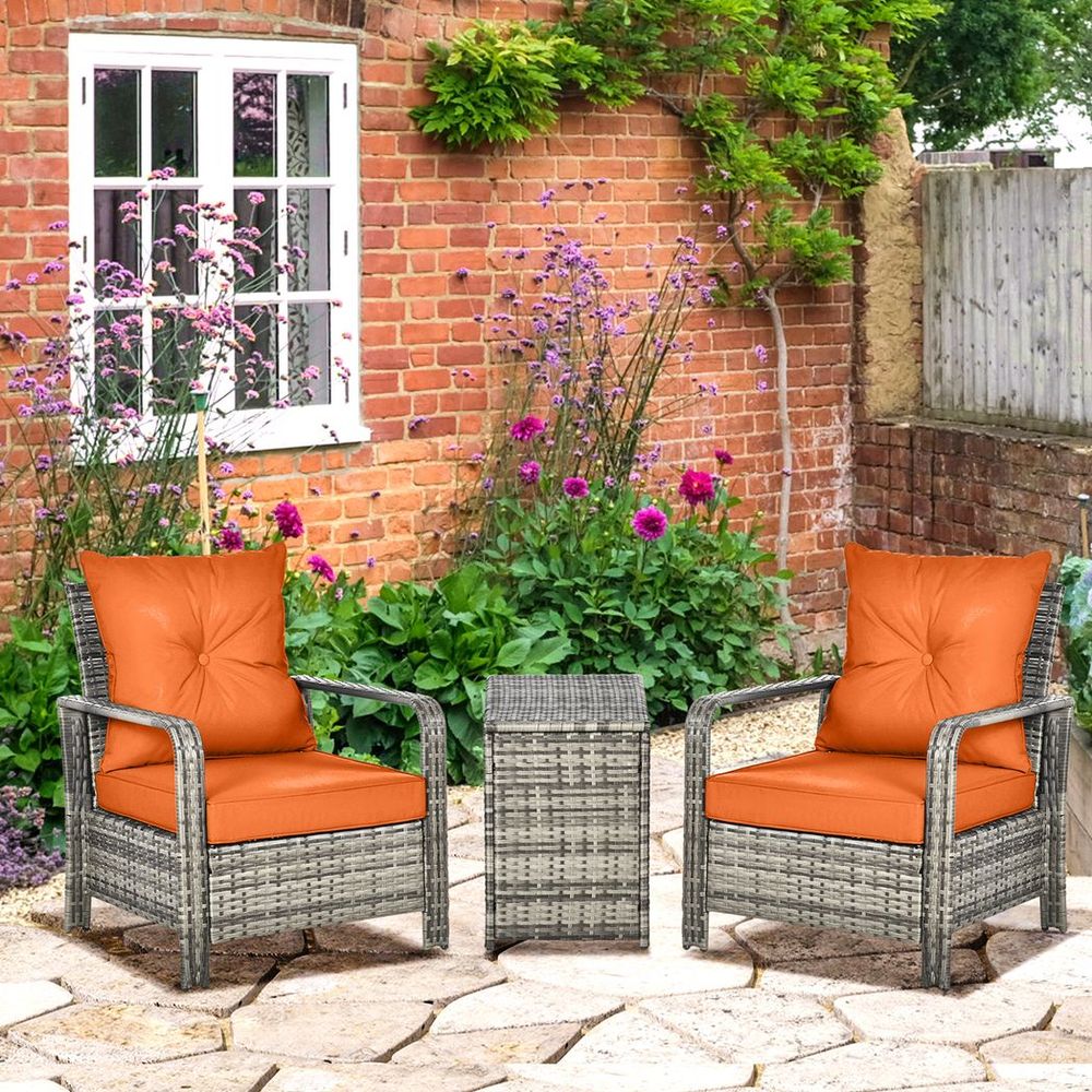 3 PCs PE Rattan Garden Sofa Set w/ 2 Chairs & Storage Table Orange