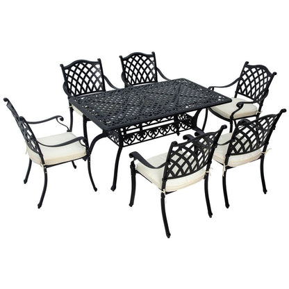 Outsunny 7-PC Cast Aluminium Patio Dining Set w/ Umbrella Hole & Cushion, Black