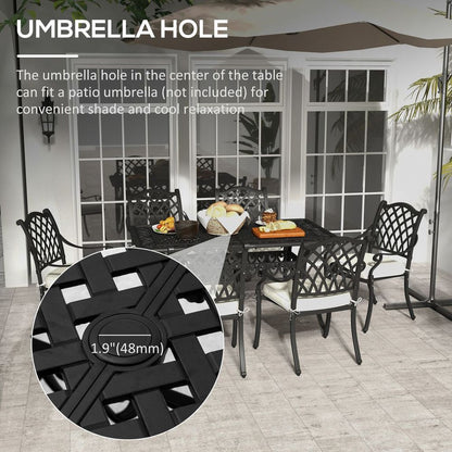 Outsunny 7-PC Cast Aluminium Patio Dining Set w/ Umbrella Hole & Cushion, Black