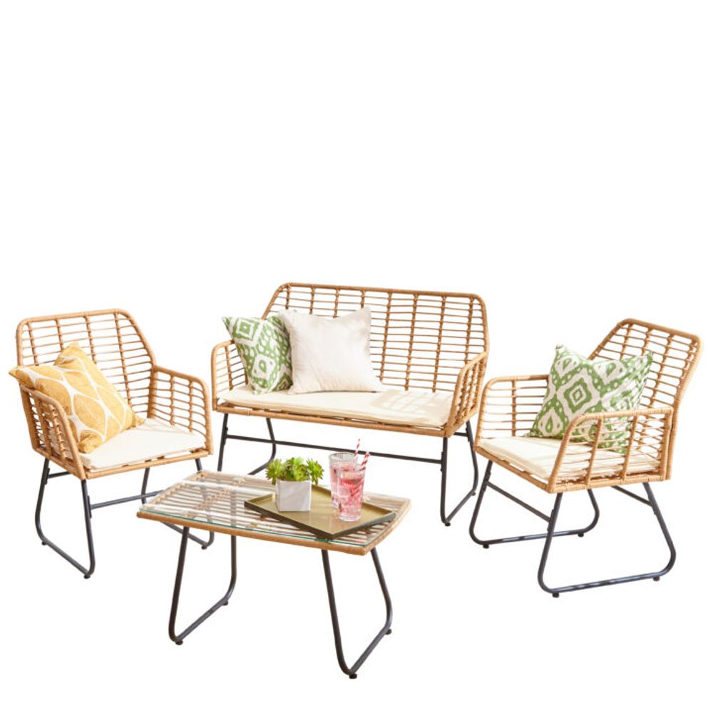 Neo 4 Piece Wicker Bamboo Style Garden Sofa, Table & Chairs Set