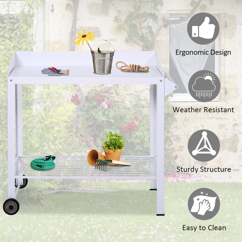 Metal Outdoor Garden Potting Table Push Cart White