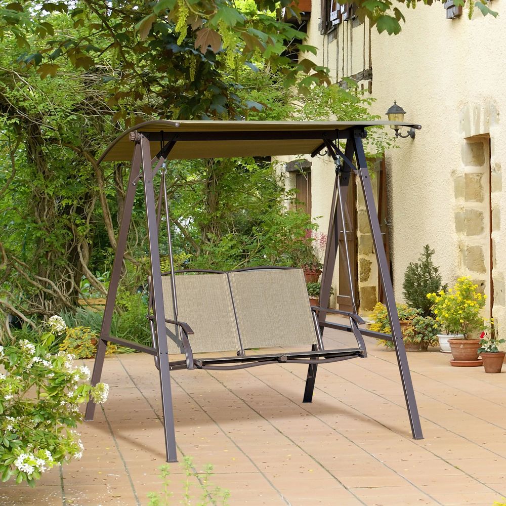 2 Seater Garden Swing Chair Swing Bench w/ Adjustable Canopy, Brown