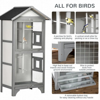 Wooden Bird Aviary for Finch, Canary w/ Removable Tray, Asphalt Roof - Grey