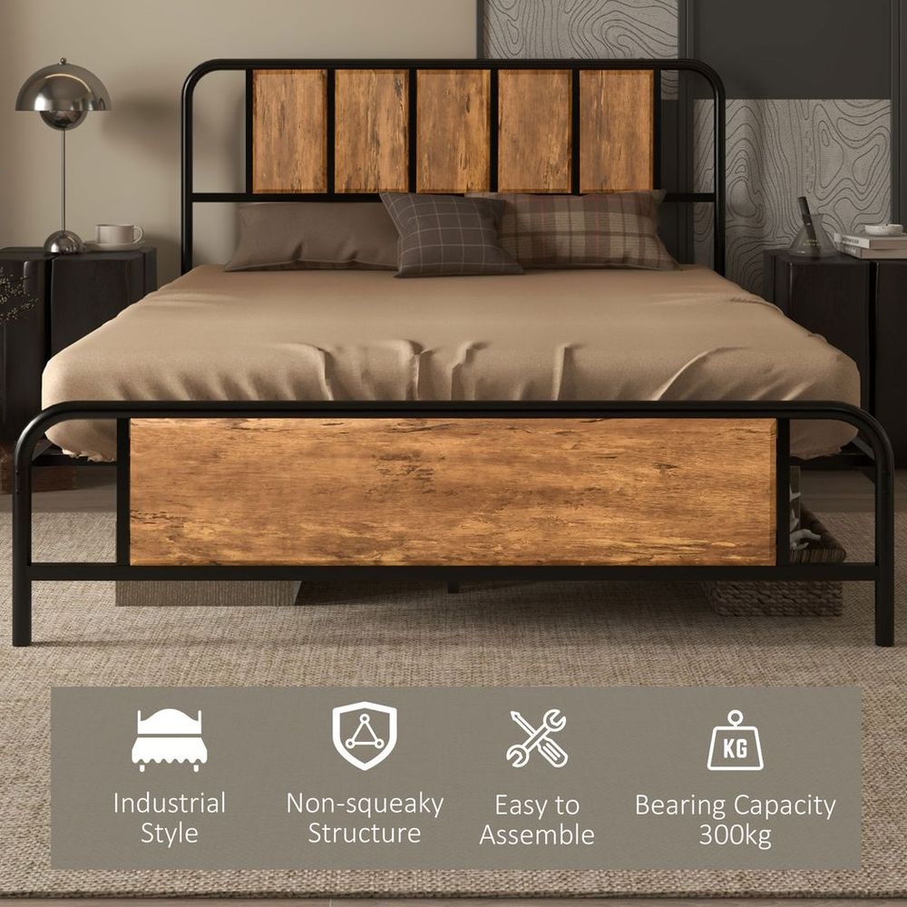 Double Bed Frame Steel Bed Base with Headboard 145 x 199cm Brown