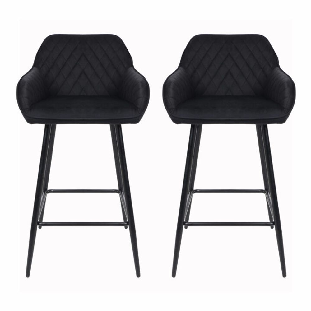 Set of Two Cadiz Black Crushed Velvet Bar Stools with Black Metal Leg