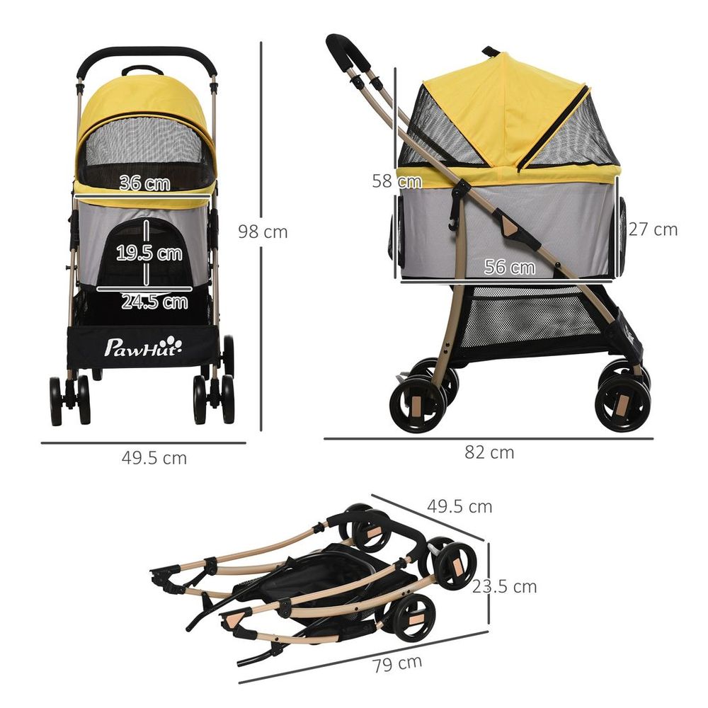 PawHut 3 In 1 Pet Stroller, Detachable Dog Cat Travel Carriage - Yellow