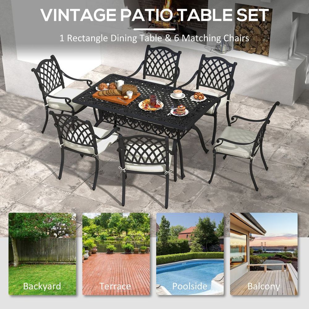 Outsunny 7-PC Cast Aluminium Patio Dining Set w/ Umbrella Hole & Cushion, Black