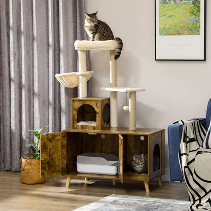 PawHut Litter Box Enclosure with Cat Tree Tower, Hammock, Cushion