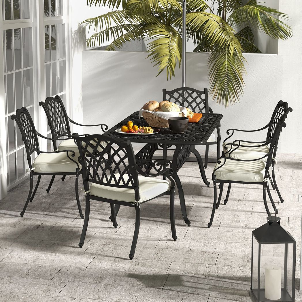 Outsunny 7-PC Cast Aluminium Patio Dining Set w/ Umbrella Hole & Cushion, Black