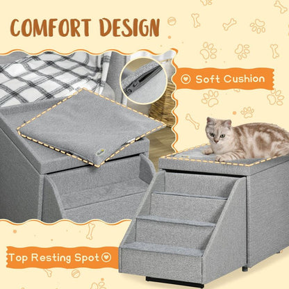 PawHut 2 in 1 Dog Steps Ottoman, Pet Stairs for Small Medium Dogs and Cats Grey