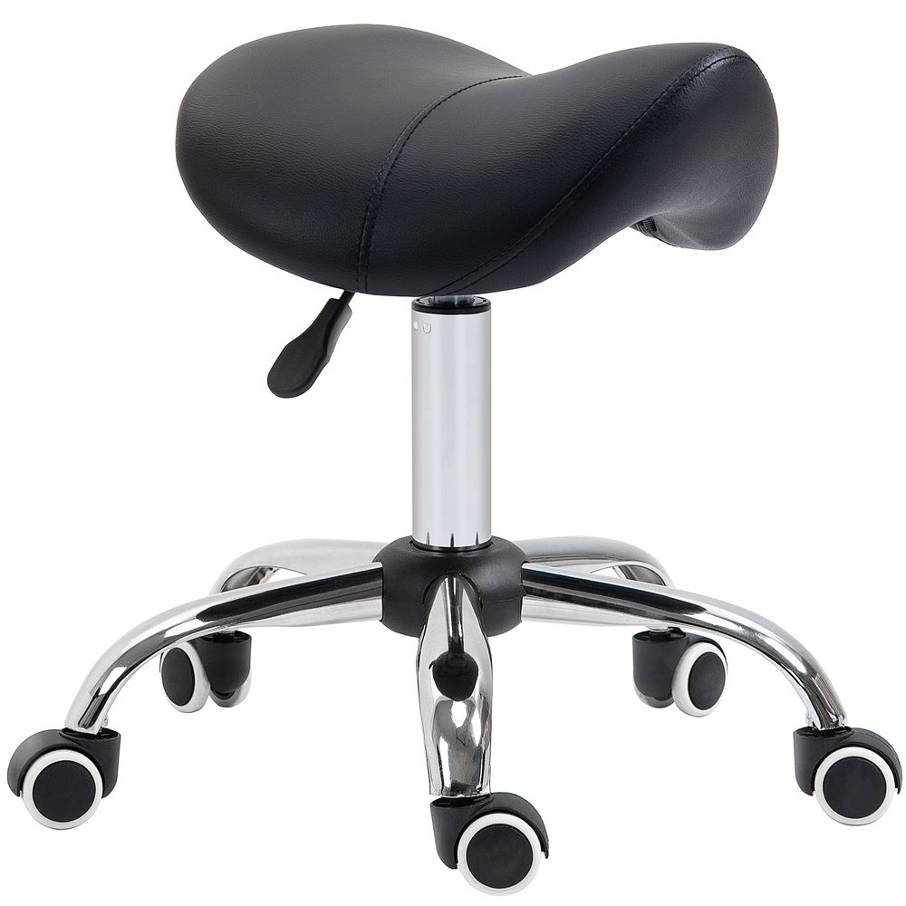 PU Leather Saddle Stool w/ Moulded Padded Seat Adjustable Height 5 Wheels Black