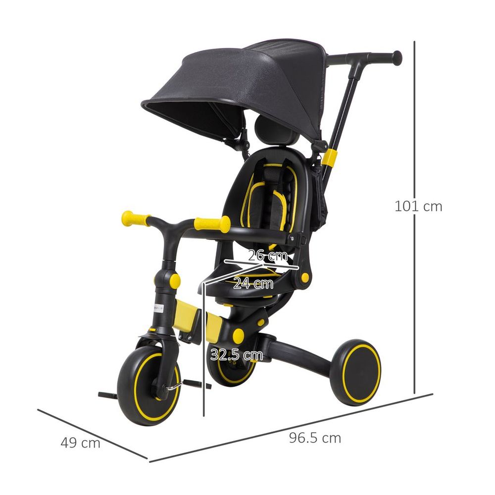 3 in 1 Baby Trike, Tricycle for Kids Adjustable Push Handle - Yellow